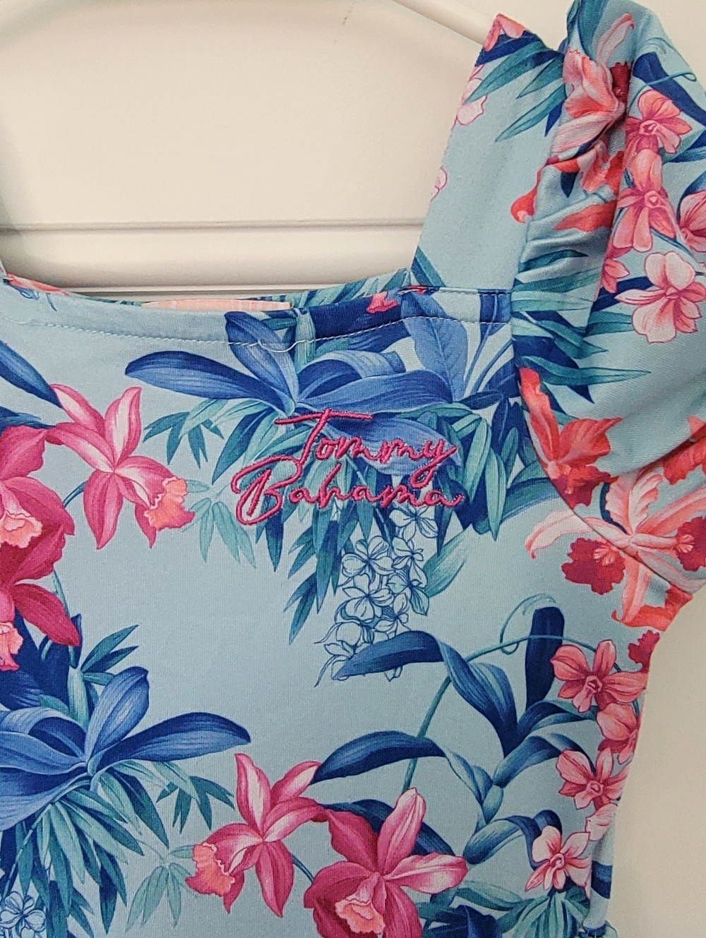Tommy Bahama Blue Pink Tropical Sundress Tiered Ruffles Short Puff Sleeve 4T - Picture 2 of 10